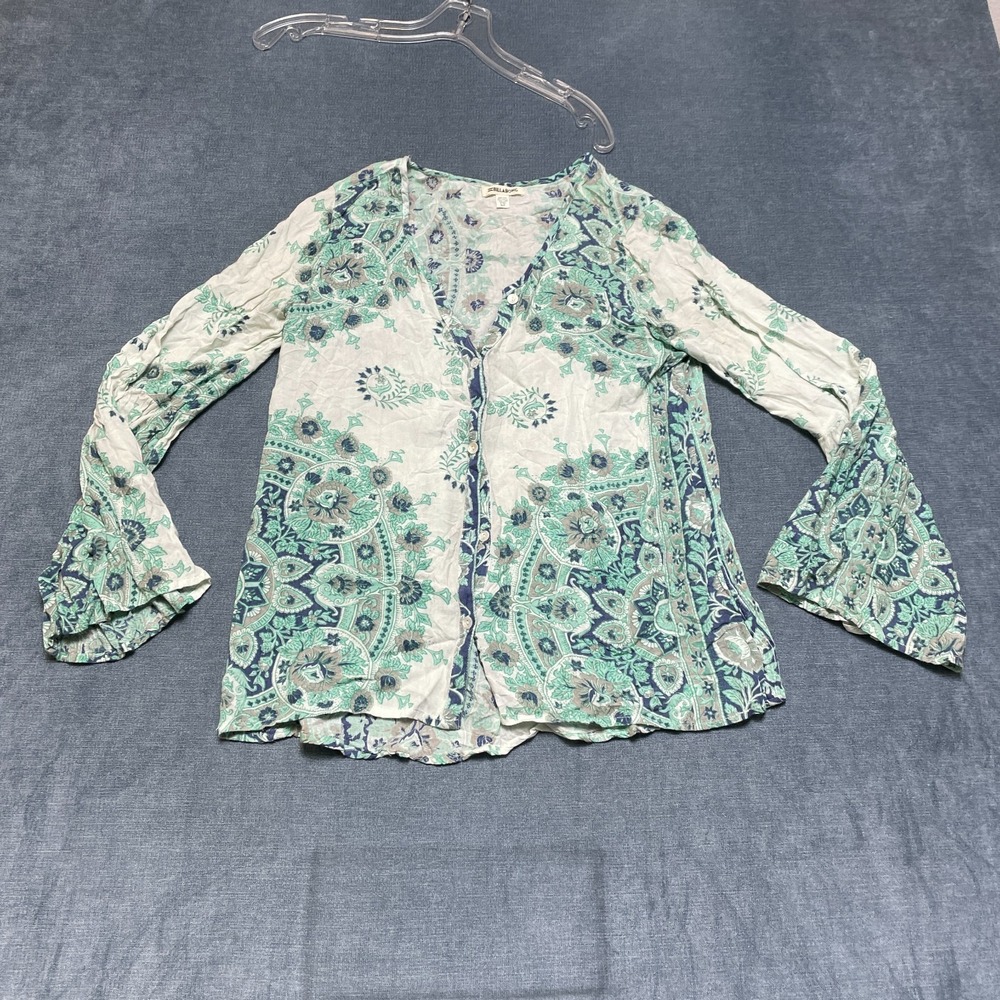 Billabong Blouse Top Womens Small Green Floral Paisley Button Front Boho V-Neck